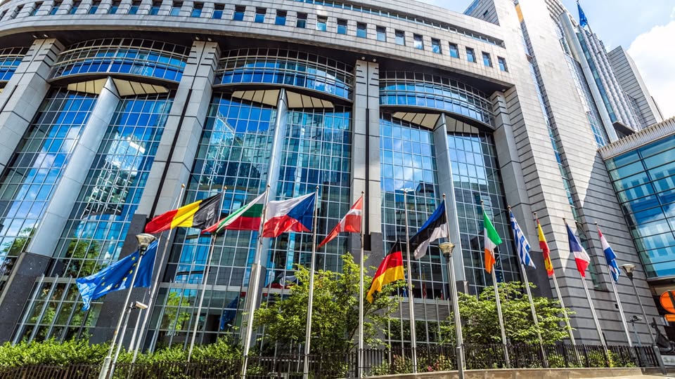 fotografía del parlamento europeo. Se ve la fachada con varias de las banderas de los países miembros de la UE.