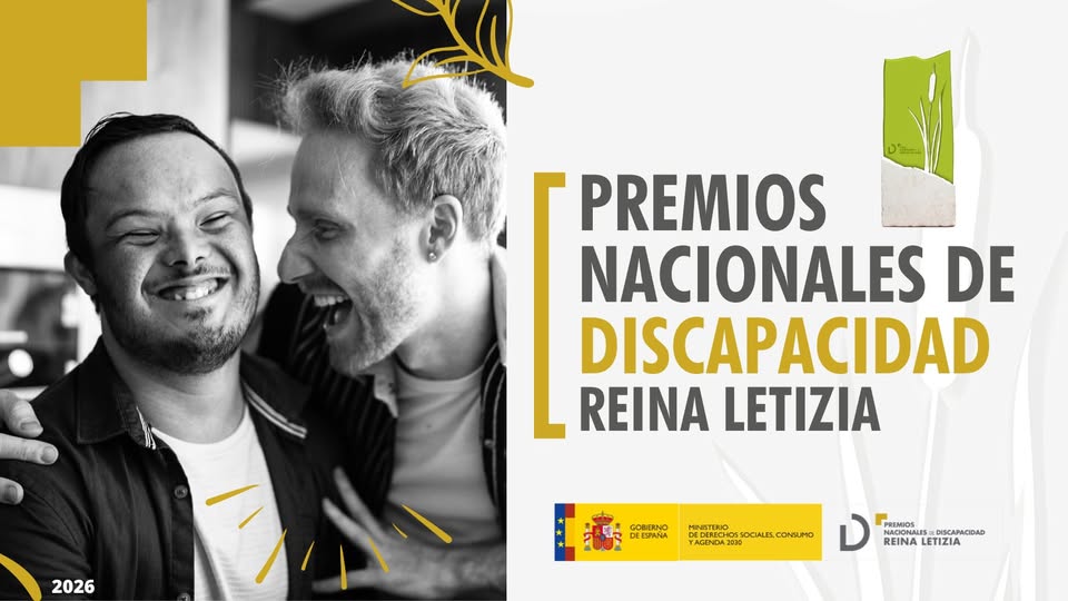 cartel de los premios. A la izquierda, incluye una fotografía de dos jóvenes, uno con Síndrome de Down y otro sin él, que se abrazan y ríen. A la derecha, el texto Premios nacionales de discapacidad reina letizia