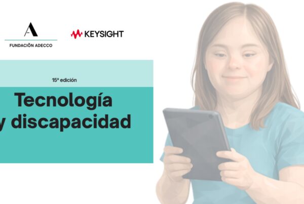 A la izquierda, la portada del informe y, a la derecha, una ilustración de una mujer joven con síndrome de down leyendo en una tablet