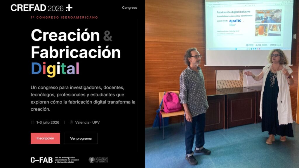 Imagen con dos partes. A la izquierda, el cartel del congreso. A la derecha, fotografía de Emilio Espí y Chele esteve durante su ponencia