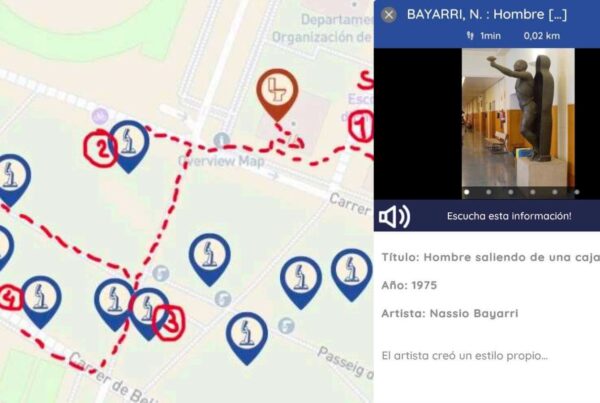 Dos imágenes. A la izquierda, mapa de algunas de las esculturas del parque de la UPV. A la derecha, imagen de la app, con la explicación de una de las esculturas