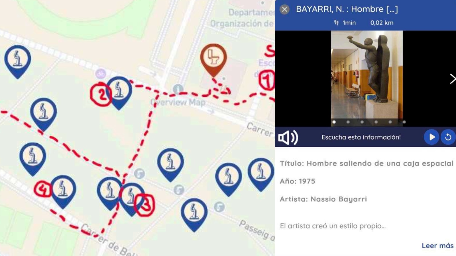 Dos imágenes. A la izquierda, mapa de algunas de las esculturas del parque de la UPV. A la derecha, imagen de la app, con la explicación de una de las esculturas