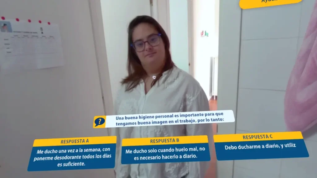Persona con bata blanca en pasillo de la UPV, promoviendo accesibilidad digital UPV y hábitos de higiene personal en el entorno laboral.
